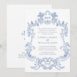 Convite Casamento de Frame Azul-Vintage Elegante Barroco D