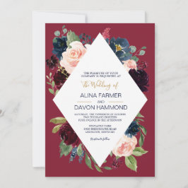 Convite Casamento de Frame Botânico Burgundy marinho II