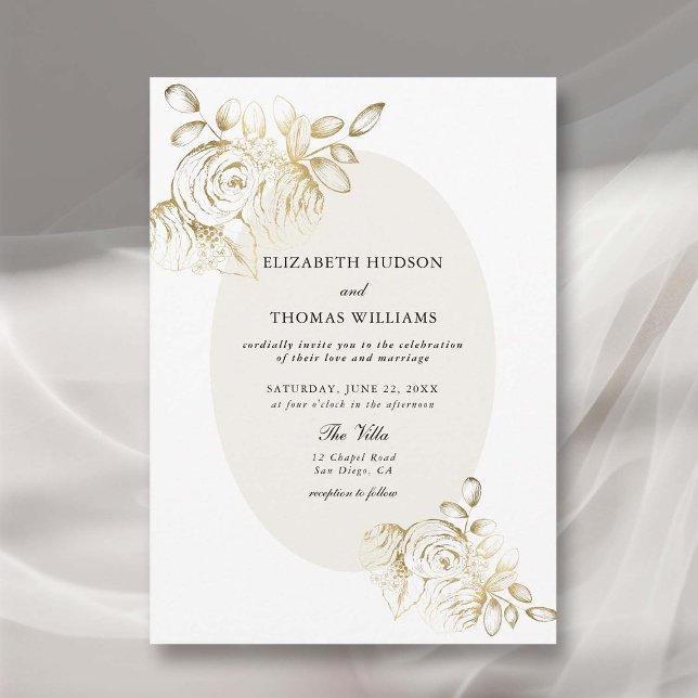 Convite Casamento de Frame da Flora Clássica Dourada Peony (peony wedding invitation modern classic formal  floral sketch frame faux gold elegant romantic chic)
