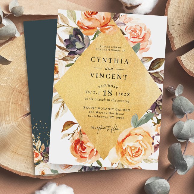 Convite Casamento de Frame de Diamante Dourado do Autumn F (Make your wedding invitation as special as your big day with this customizable design!)