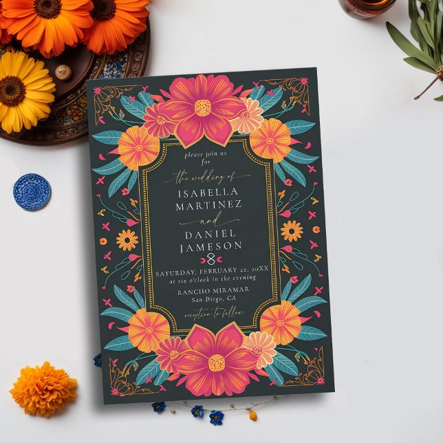 Convite Casamento de Frame de Flores de Rancho Elegante Me (rancho mexican wedding invitation fiesta hacienda watercolor floral frame elegant modern classy)