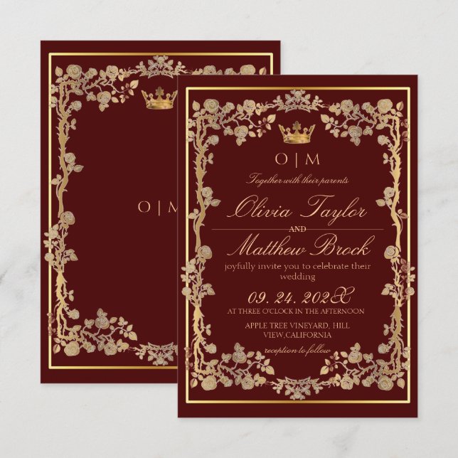 Convite Casamento de Frame de Ornamentado Dourado e Borgon (Frente/Verso)
