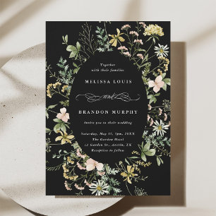 Convite Casamento de Frame de Oval de Flor Selvagem Preto