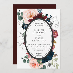 Convite Casamento de Frame de Oval Floral do Marinho Blush
