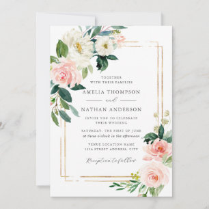 Convite Casamento de Frame Dourado com Blush Floral