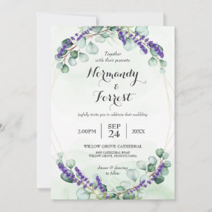 Convite Casamento de Frame Dourado Eucalyptus Lavanda rust