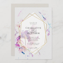 Convite Casamento de Frame Dourado Floral com cinza e Purp
