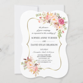 Convite Casamento de Frame Dourado Floral de Blush Rosa El