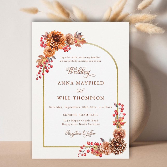 Convite Casamento de Frame Dourado Floral de Boho do outon (autumn foliage boho gold floral frame wedding invitation terracotta romantic calligraphy modern chic)