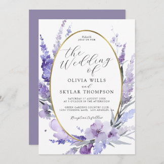 Convite Casamento de Frame Dourado Floral de lavanda