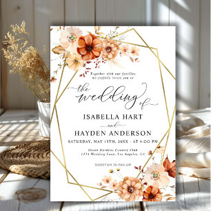 Convite Casamento de Frame Dourado Floral de Rust Beige