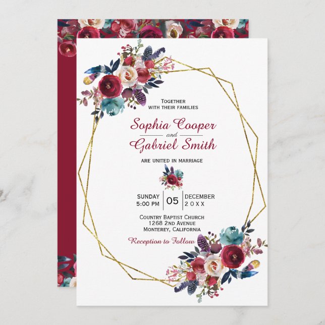 Convite Casamento de Frame Dourado Floral do Marinho Borgo (Frente/Verso)