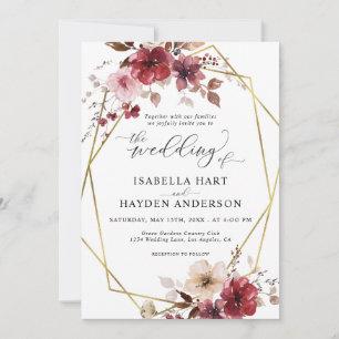 Convite Casamento de Frame Dourado Floral do Maroon Blush