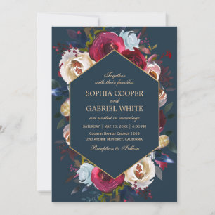Convite Casamento de Frame Dourado Floral e Marinho Borgon