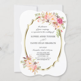 Convite Casamento de Frame Dourado Floral Rosa Romântico B