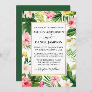 Convite Casamento de Frame Dourado Floral Tropical Waterco