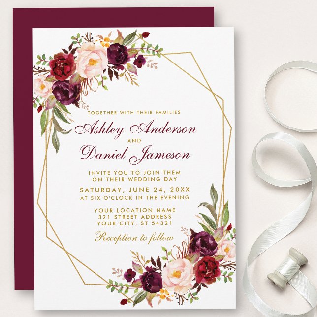 Convite Casamento de Frame Dourado Geométrico Floral Burgu (Customize to change text color, style, add text & photos to back or change color of back of card.)