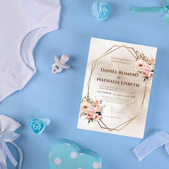 Convite Casamento de Frame Dourado Geométrico Rustic Flora (Criador carregado)