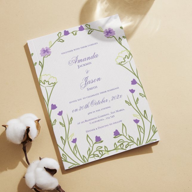 Convite Casamento de Frame Floral Azul Bonito Elegante (Elegant Pretty Purple Blue Floral Frame Wedding Invitation)