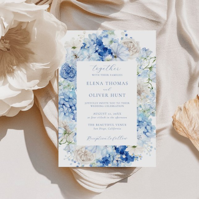 Convite Casamento de Frame Floral Azul Elegante (Criador carregado)