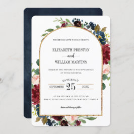 Convite Casamento de Frame Floral Azul Marinho Vermelho Bu