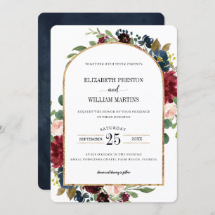 Convite Casamento de Frame Floral Azul Marinho Vermelho Bu
