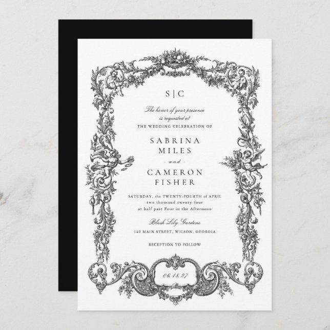Convite Casamento de Frame Floral Barroco Elegante (Frente/Verso)