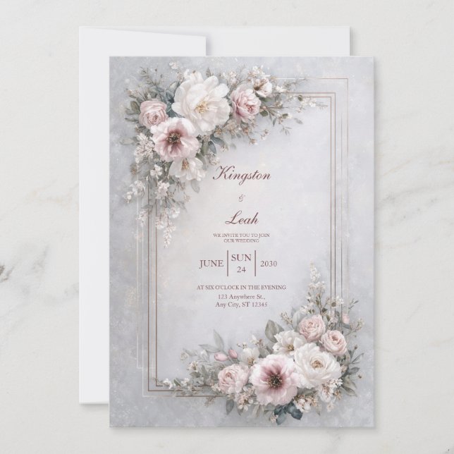 Convite Casamento de Frame Floral de Blush Elegante (Frente)