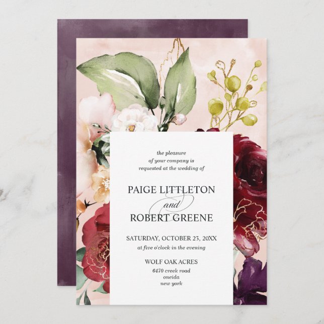 Convite Casamento de Frame Floral de Blush Watercolor (Frente/Verso)