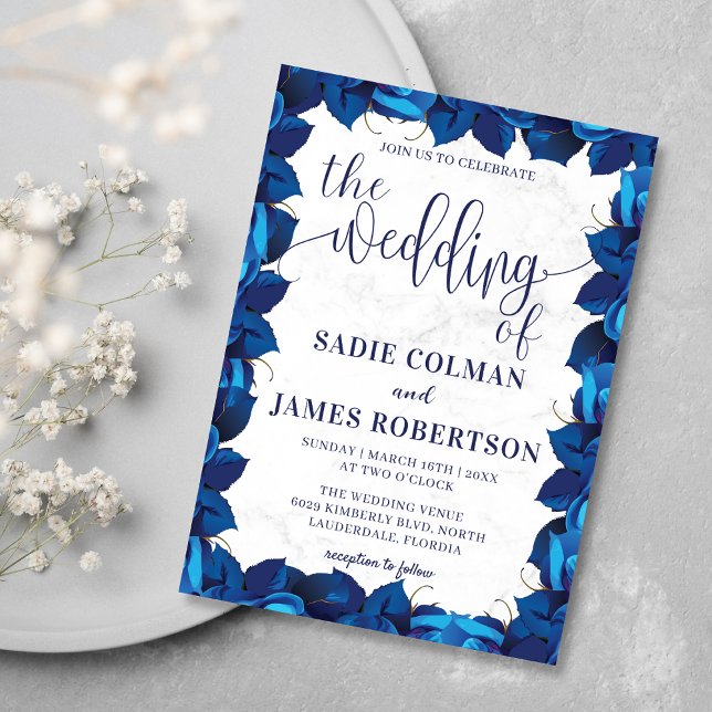 Convite Casamento de Frame Floral de Mármore Azul e Branco (Criador carregado)