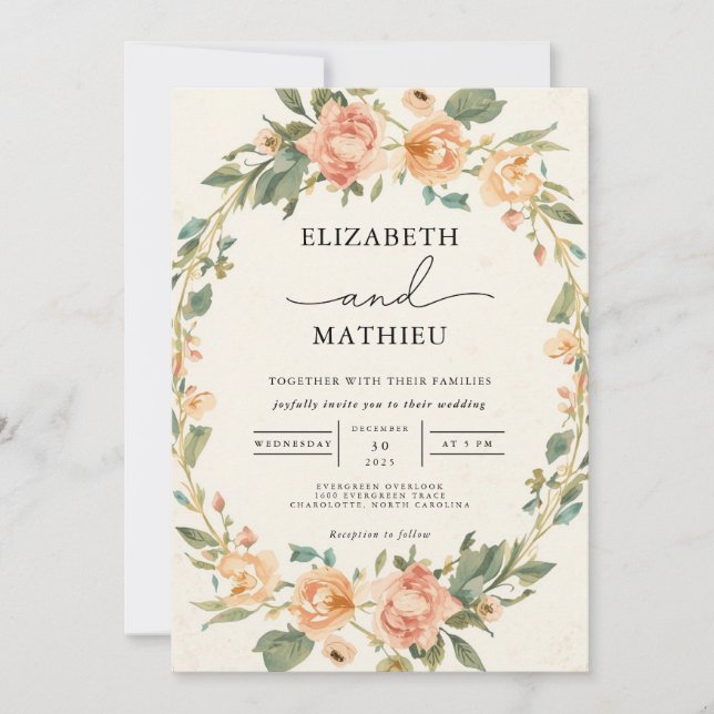 Convite Casamento de Frame Floral de Oval de Peach Delicad (Frente)