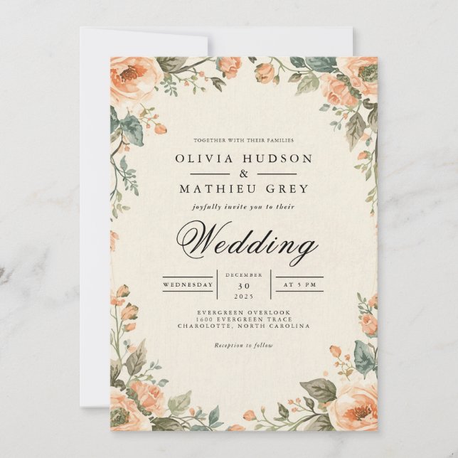 Convite Casamento de Frame Floral de Oval de Pêssego Suave (Frente)