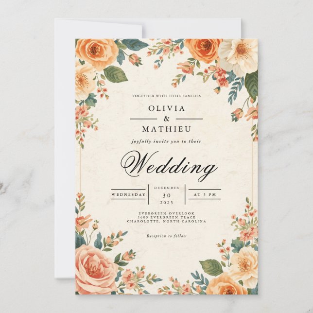 Convite Casamento de Frame Floral de Pêssego Mudado (Frente)