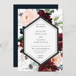 Convite Casamento de Frame Floral do Marinho Blush Burgund