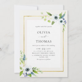 Convite Casamento de Frame Floral Dourado Azul Anemone Rus