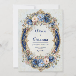 Convite Casamento de Frame Floral Dourado e Azul Vitoriano