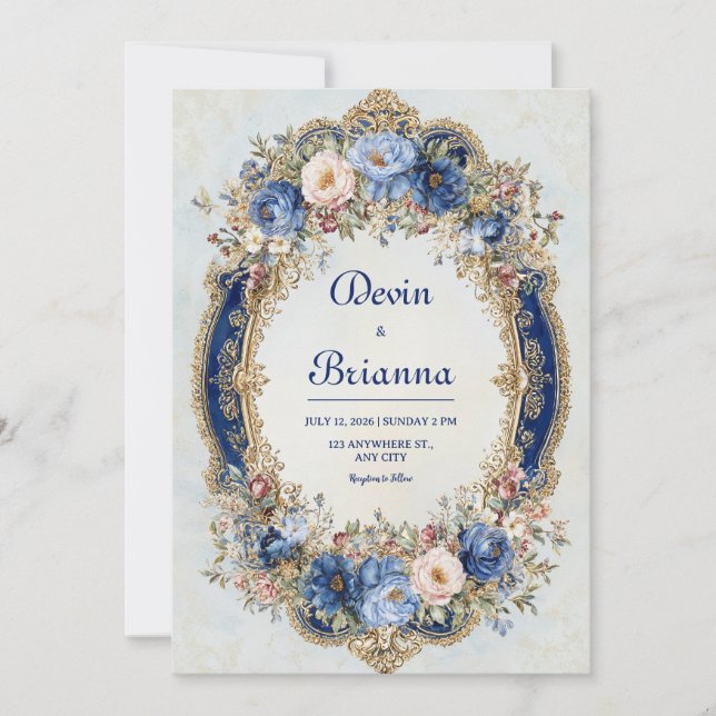 Convite Casamento de Frame Floral Dourado e Azul Vitoriano (Frente)