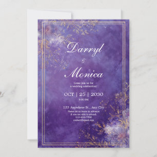 Convite Casamento de Frame Floral Dourado e Roxo Elegante