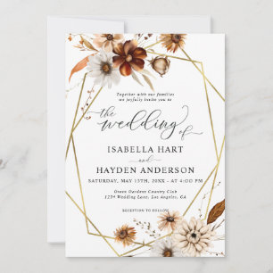 Convite Casamento de Frame Floral Dourado Rustic Boho Neut