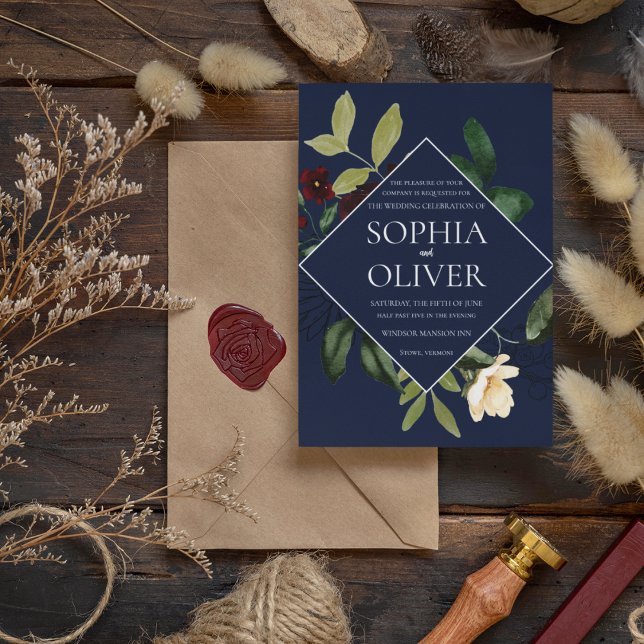 Convite Casamento de Frame Floral Geométrico do Marinho Bo (Criador carregado)