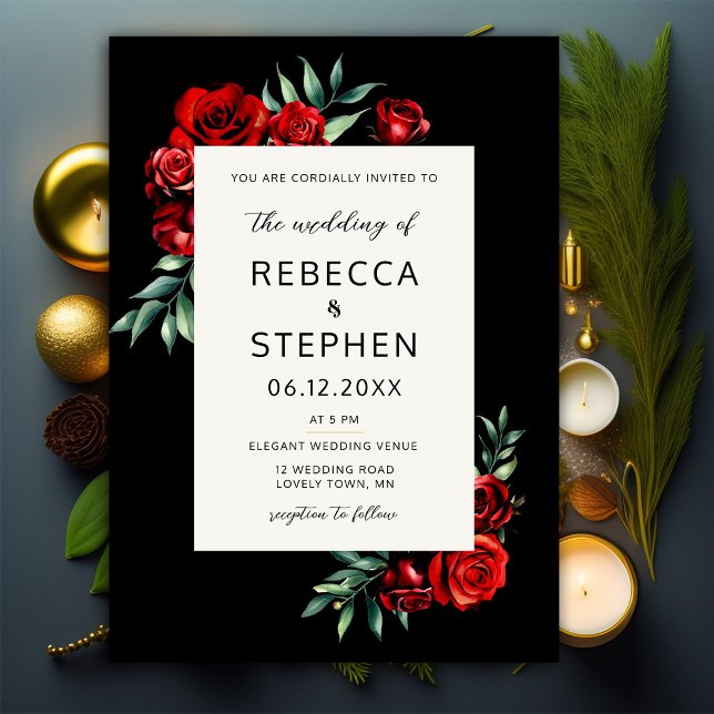 Convite Casamento de Frame Floral Negro Rosa vermelha Clás (Criador carregado)