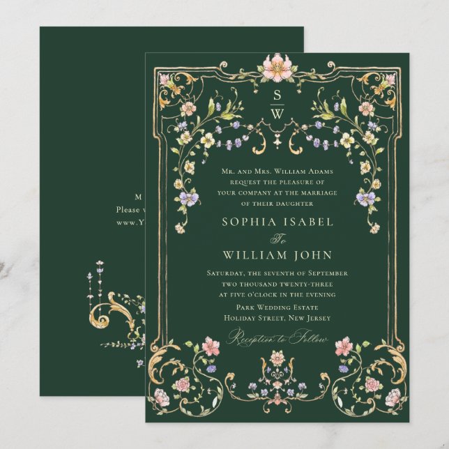 Convite Casamento de Frame Floral, Ornamentado Vitoriano G (Frente/Verso)