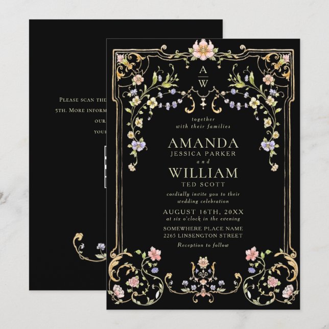 Convite Casamento de Frame Floral, Ornamentado Vitoriano G (Frente/Verso)