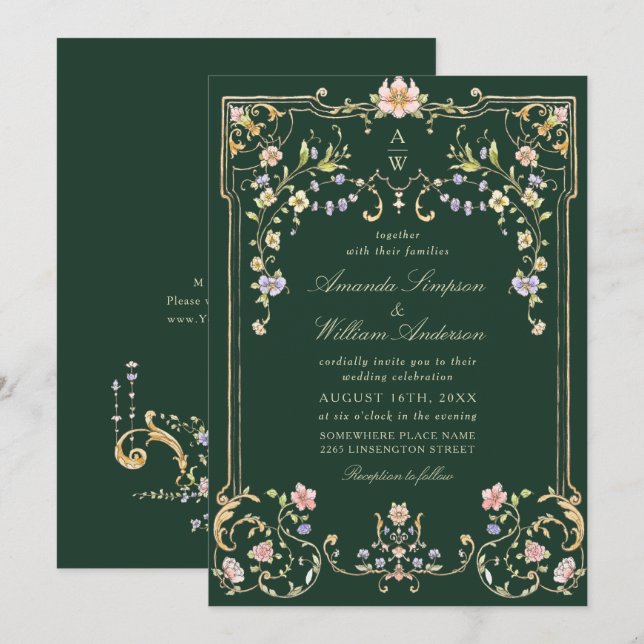 Convite Casamento de Frame Floral, Ornamentado Vitoriano G (Frente/Verso)