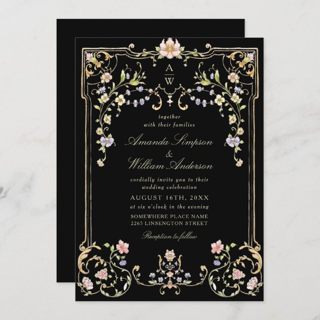 Convite Casamento de Frame Floral, Ornamentado Vitoriano G (Frente/Verso)