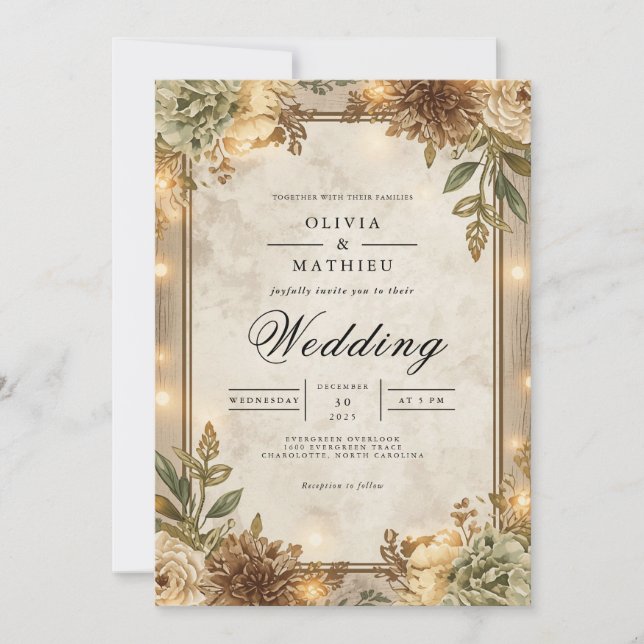 Convite Casamento de Frame Floral Rustic Sepia (Frente)