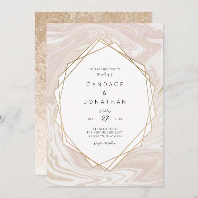 Convite Casamento de Frame Geométrico Dourado Blush Marble (Frente/Verso)