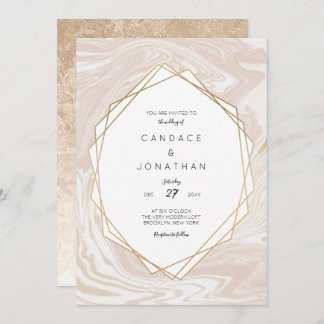 Convite Casamento de Frame Geométrico Dourado Blush Marble
