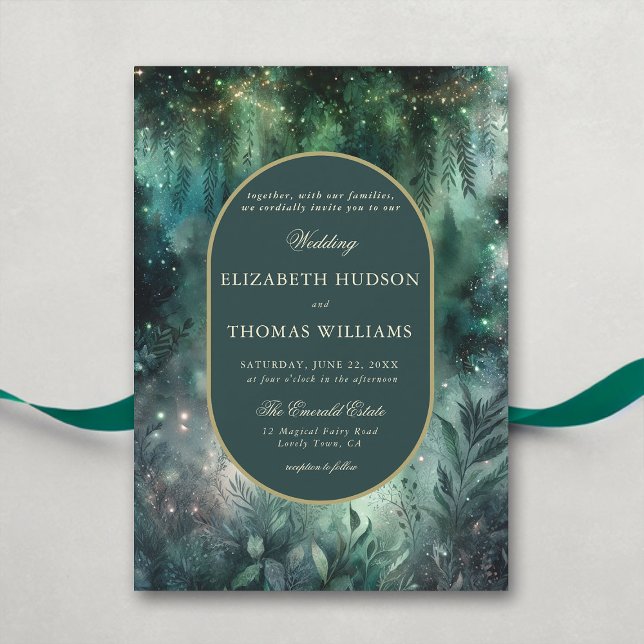 Convite Casamento de Frame Oval Dourado da Floresta Encant (enchanted forest wedding invitation elegant magical fairy garden foliage greenery emerald gold oval )