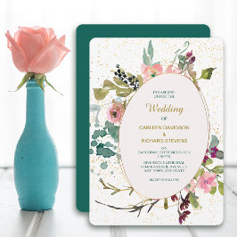 Convite Casamento de Frame Oval Dourado e Floral de Teal R